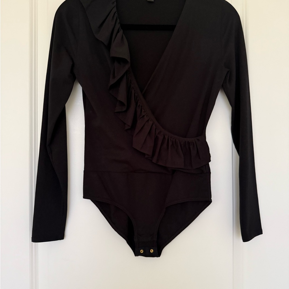 J. Crew Black Ruffle Wrap Bodysuit